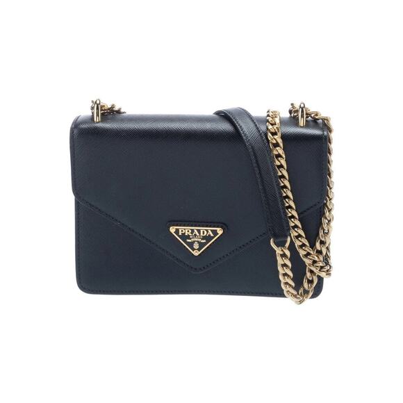 Prada Saffiano Leather Chain Wallet Black Gold Hardware